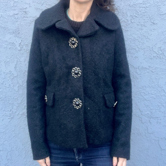 JOUJOU Black Wool Blend y2k Coat Pockets Size M Large collar jacket Jackie O - Picture 13 of 14